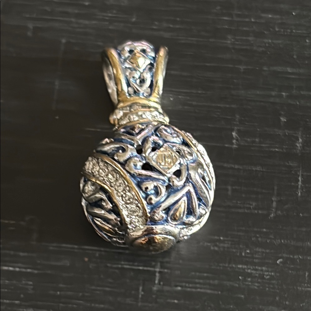 Filigree Pendant Swirl Pattern Gold Blue Enamel Accented Silver Tone​​